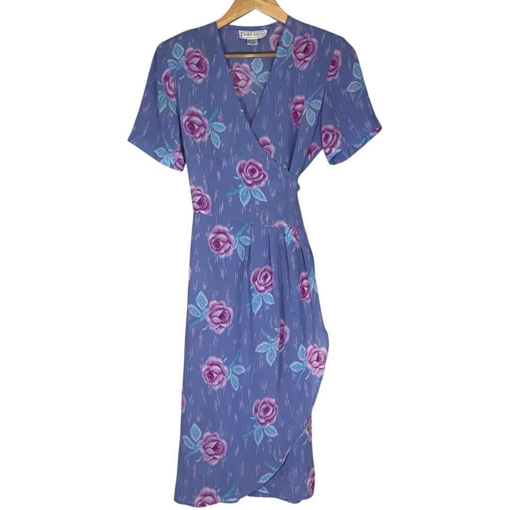 Vintage Cottagecore Floral Midi Wrap Dress Sz 12 Rose Print Purple Garden Party